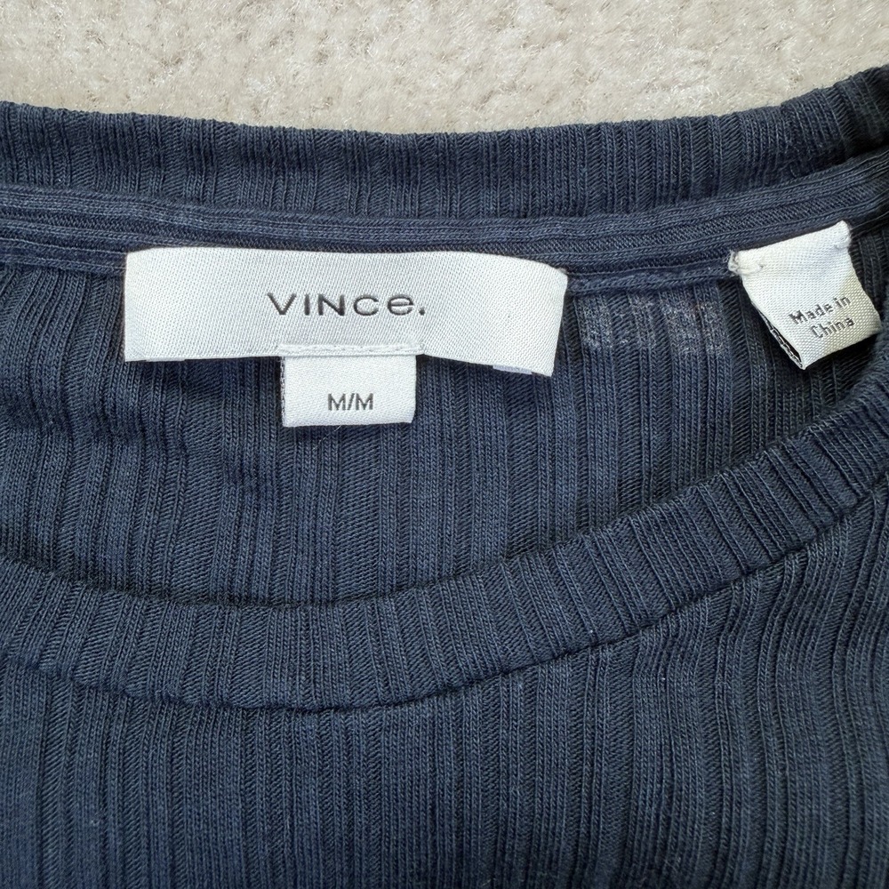 Vince Merrow Stitch Rib Crew Neck Top Womens M Coastal Blue Contrast Lettuce Hem - Picture 6 of 8